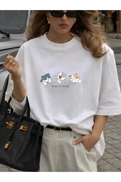 ELNOYA تي شيرت أبيض مطبوع عليه Best Friends Cat