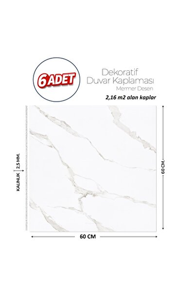 Brano 60X60 cm Kendinden Yapışkanlı Duvar,banyo,tezgah Arası Beyaz Mermer-6 Adet