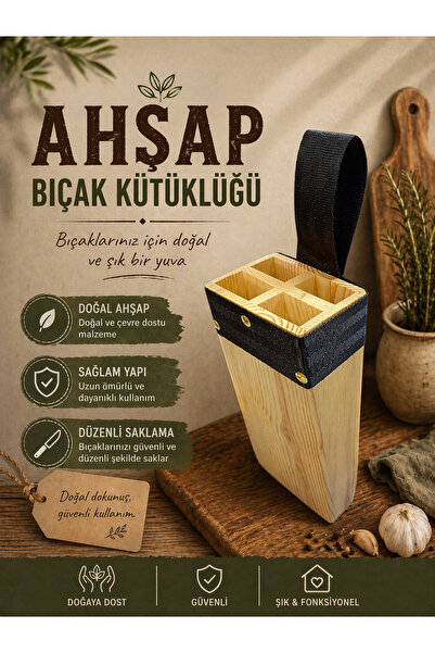 Russet Masif Kasap Ahşap Bıçak Kütüklüğü Bel Tipi, Kurban Bıçağı Taşıma Korum...