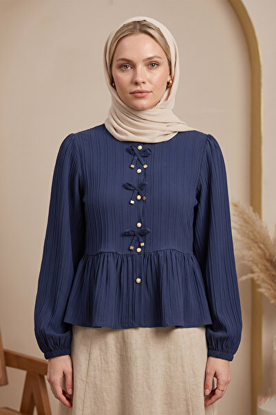 FERHEL Γυναικεία μπλούζα με φιόγκο και λεπτομέρειες με κουμπιά - Μπλε ναυτικό