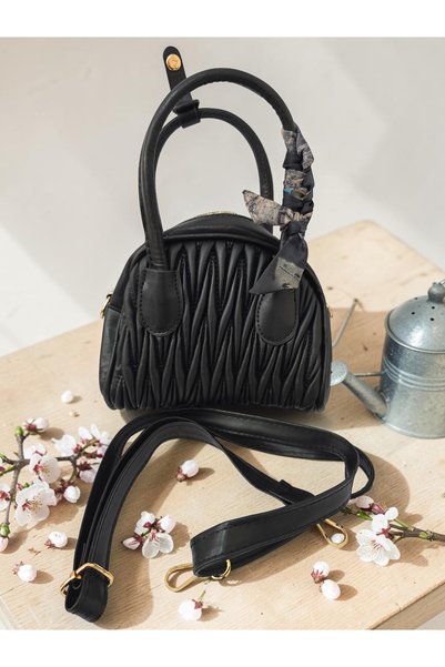 ahsenaksesuar2025 Black Pleated Folded Leather-Look Mini Shoulder and Hand Ba...