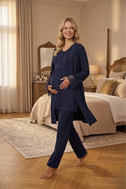 Lohusa Dünyasi Women's Navy Blue Lace 3-Piece Maternity Pajama Set with Dress...