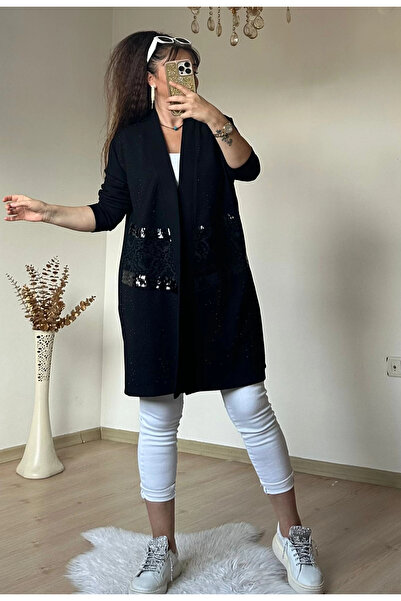 AZRA BUTİK Ζακέτα τουνίκ με λεπτομέρειες από πούλιες και ανάγλυφα σχέδια, μαύρη