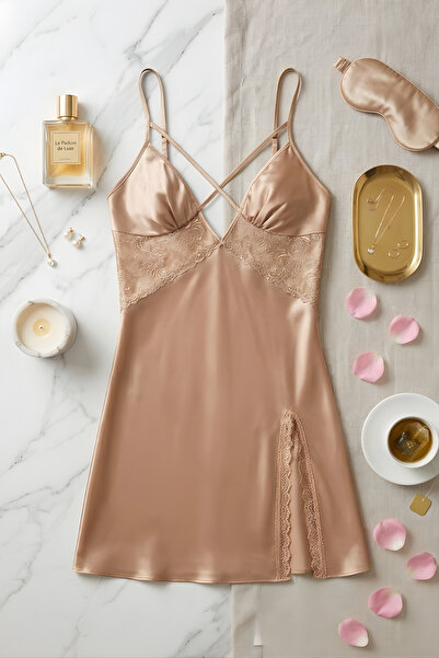 QKK Γυναικείο μπρονζέ σατέν νυχτικό με διακοσμητικές λωρίδες και δαντέλα, μίν...
