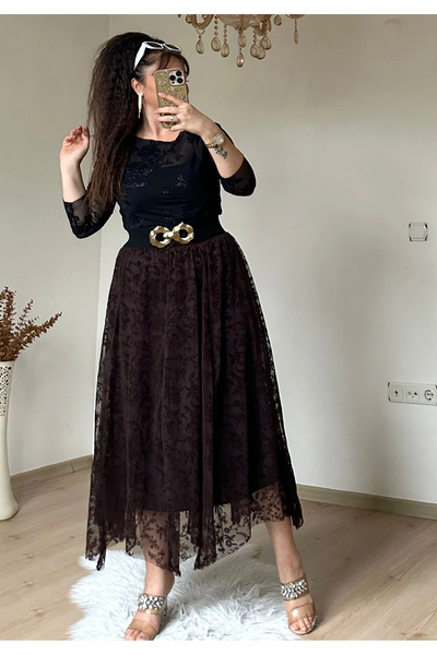 AZRA BUTİK Φούστα με σχέδιο Flock Print σε καφέ χρώμα