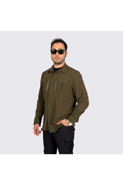 KORDAK Khaki Tactical Shirt - Outdoor Shirt with Zipper Pockets Assault Series