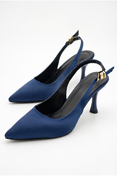 Shoesers حذاء نسائي ذو كعب رفيع ولون أزرق داكن من الساتان، ذو تصميم أنيق مع ش...