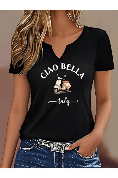 mercoledi Γυναικείο μπλουζάκι με στάμπα, μισό μανίκι σε σχήμα V, κανονική εφα...