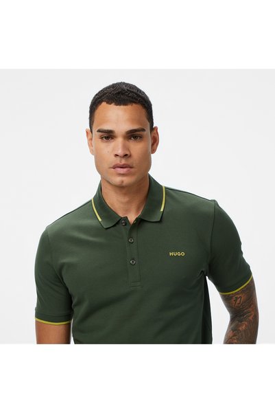 HUGO Men's Short Sleeve Polo Collar with Colored Stripes on Collar and Cuffs Green Polo Collar T-Shirt