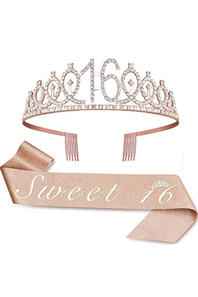 Choice7 rose gold-16 Birthday Tiara Crown Sash Women Girls 11th 12th 13th 14s...
