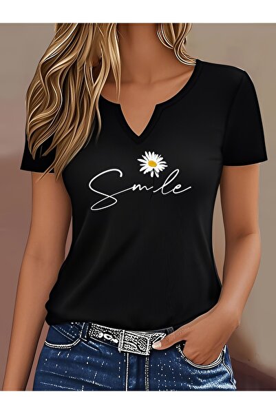 mercoledi Γυναικείο μπλουζάκι με στάμπα, μισό μανίκι σε σχήμα V, κανονική εφα...