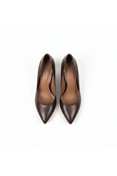 NE&VE SHOES Καφέ Δερμάτινο Γυναικείο Στιλέτο με Χοντρό Τακούνι