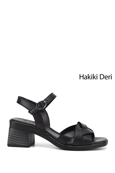 GÖNDERİ(R) Γυναικεία μαύρα πλεκτά σανδάλια από γνήσιο δέρμα με χοντρό τακούνι