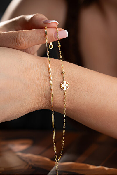 Silvano Jewelry 925 Ayar Gümüş Altın Kaplama Yoncalı Yuvarlak Bileklik
