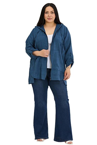 DISENTIS MODEST Μπουφάν Indigo με λινή υφή, με κουκούλα και φερμουάρ, σε μεγά...