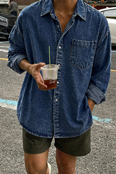 Tarz Cool Men's Oversize Denim Shirt – Washable Denim Shirt with Single Pocke...