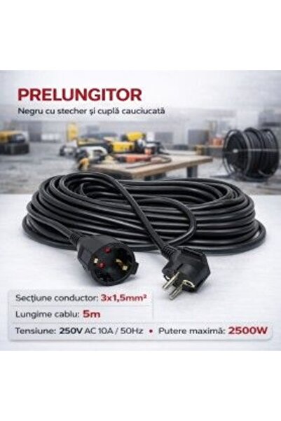 Bibilel Μαύρο καλώδιο προέκτασης 3x1.5mm², μήκος 5μ, με φις και ελαστικό αντά...