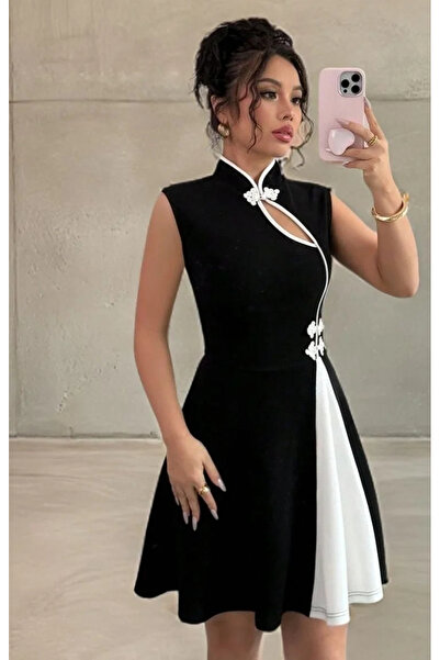 bysoca Γυναικείο μαύρο κινέζικο γιακά με αμάνικο λευκό ύφασμα με αντίθεση, φο...