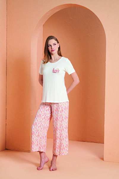 PJS 27059 Kadın Kısa Kollu Ekru Pijama Takımı