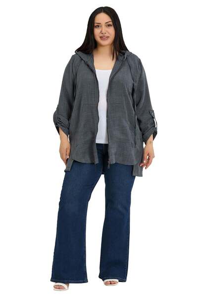 DISENTIS MODEST Μπουφάν μεγάλου μεγέθους με κουκούλα και φερμουάρ, με υφή λιν...