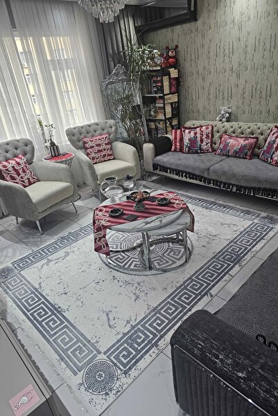 VOPTEKS Gri Beyaz Halı Salon Halısı Makinede Yıkanabilir Kaymaz Taban Halı