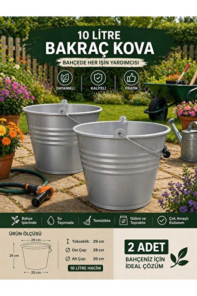 zemihra Metal Saplı Gümüş Gri Bakraç Kova Banyo Mutfak Bahçe Çok Amaçlı Saplı...