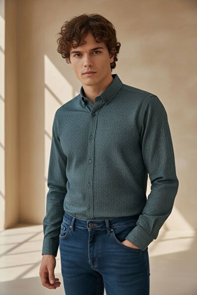 Sarar Πουκάμισο με κουμπιά στο γιακά και σχέδιο ψαροκόκαλο σε σκούρο πράσινο ...