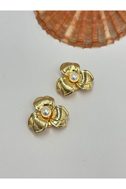 BYYEŞO İnci Detaylı Gold Çiçek Manşet Broş
