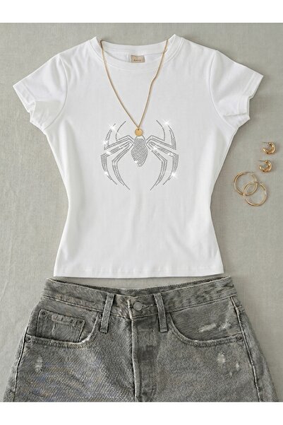 NİCE Γυναικείο Spider Written Stone Print - Κοντομάνικο μπλουζάκι Lycra Crop