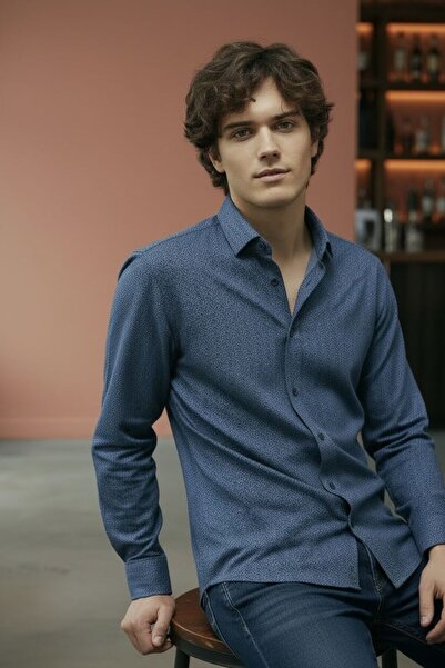 Sarar Πουκάμισο με κουμπιά στο γιακά και σχέδιο ψαροκόκαλο σε σκούρο μπλε από...