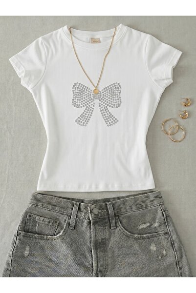NİCE Γυναικεία κοντομάνικη μπλούζα με στάμπα κορδέλας και πέτρας - Lycra Shor...