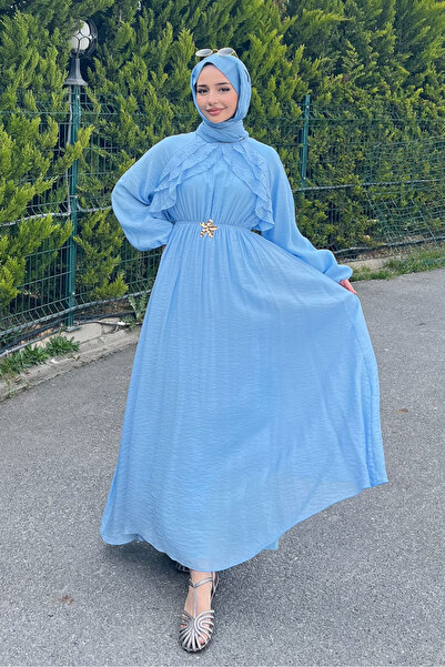 Ovn. Fırfır Detaylı Tencel Elbise - Mavi