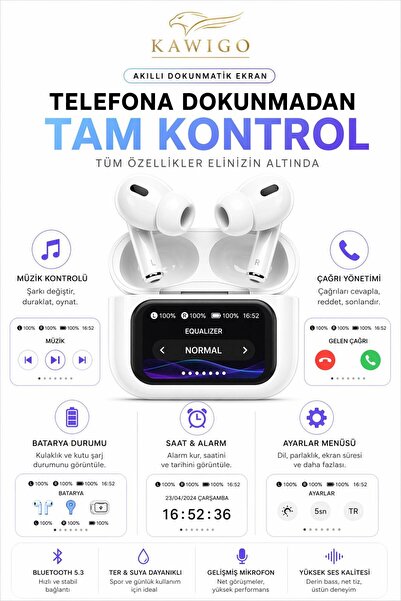 kawigo KWG Air Pro 2 Dijital ve Dokunmatik Ekranlı Bluetooth Kulaklık İos And...
