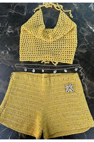 scyllastore Yellow Beaded Detailed Crochet Shorts Set