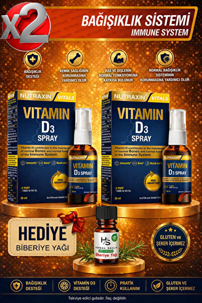 Nutraxin 2 Adet Vitamin D3 1.000 Iu Sprey 30 ml + Hrblsglk Biberiye Yağı (HED...