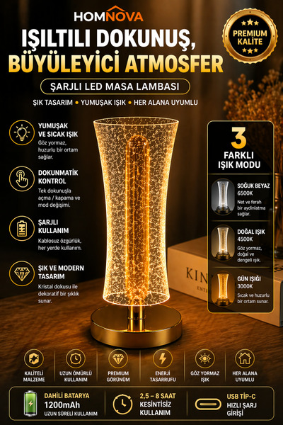 Homnova Şarjlı LED Masa Lambası 3 Işık Modlu Dekoratif Gece Lambası