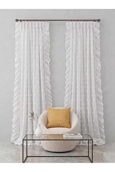 Madame Dower Κουρτίνα από λινό τούλι με πομπόν 1x2 Αμερικάνικη πιέτα (διπλή π...