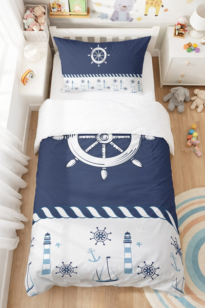 BelezaHome Denizci Desenli Çocuk Nevresim Kılıfı 160x220 Pamuk Tek Kişilik Ko...