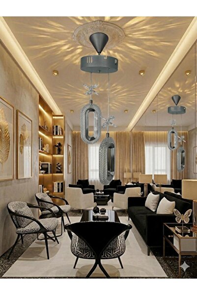 BİAVİZE GRİ OVAL LEDLİ İKİLİ KRİSTAL MODERN AVİZE