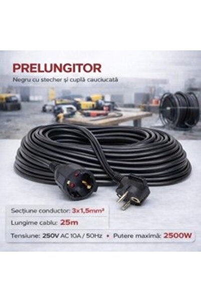 Bibilel Μαύρο καλώδιο προέκτασης 3x1.5mm², μήκος 25μ, με φις και λαστιχένιο σ...