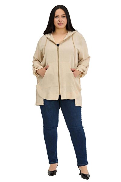 DISENTIS MODEST Μπουφάν μεγάλου μεγέθους με κουκούλα και φερμουάρ, με υφή λιν...