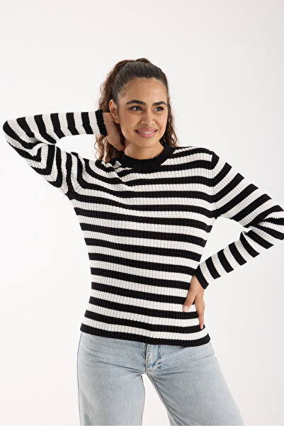 WOMENTİ Black and White Striped Ribbed Knitwear Sweater Crew Neck Women