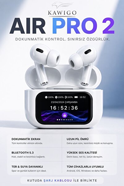 kawigo KWG Air Pro 2 Dijital ve Dokunmatik Ekranlı Bluetooth Kulaklık İos Android Tüm Telefonlara Uyumlu Kulaklık
