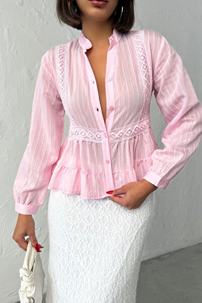 Lusin Γυναικείο πουκάμισο με ροζ δαντέλα, κεντημένο, με πιέτες στη μέση και ρ...