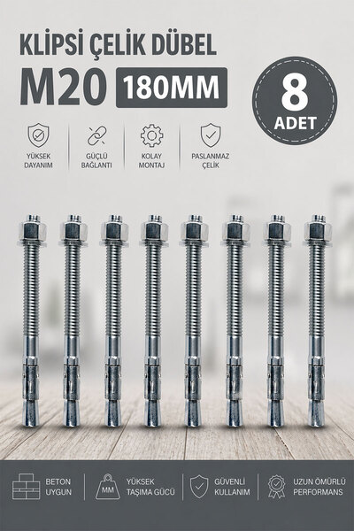 Badem10 Klipsli Çelik Dübel M20x180 mm 8 Adet Set Beton Taş Tuğla Güçlü Sabit...