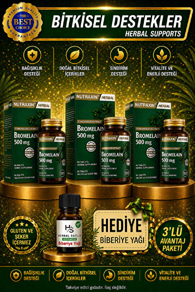 Nutraxin 3 Adet Bromelain 500 Mg 60 Adet Tablet + HEDİYE BİBERİYE YAĞI