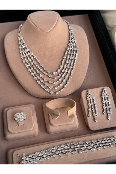 rive.jewelry Zirkon Taşlı Çok Katlı Kolye Seti – Beyaz Altın Kaplama /Rengi 10 yıl garantilidir