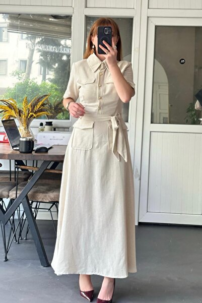 Pulli Collection Λινό Φόρεμα Μίντι με Ζώνη - Πέτρινο