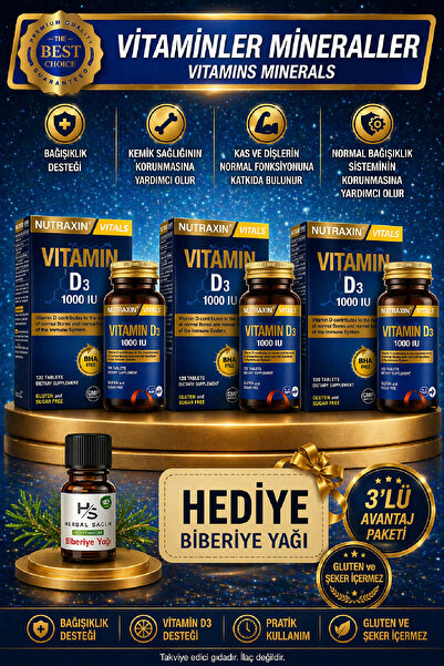 Nutraxin 3 Adet D3 Vitamini 1000uı-(25MCG) Içeren 120 Adet Tablet + HEDİYE Bi...