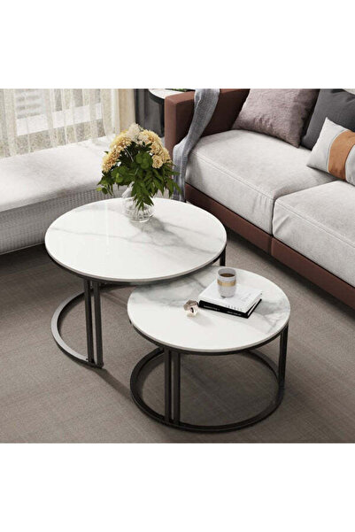 Luxis Σετ 2 τραπεζιών σαλονιού - Μεταλλικό με μαρμάρινη επιφάνεια, Τεχνητό λε...